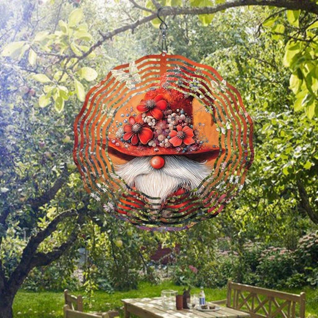 Whimsical Gnome Wind Spinner with Red Hat and Butterfly Flower Cluster Vibrant Metal Garden Decor Dancing Outdoor Hanging Ornament
