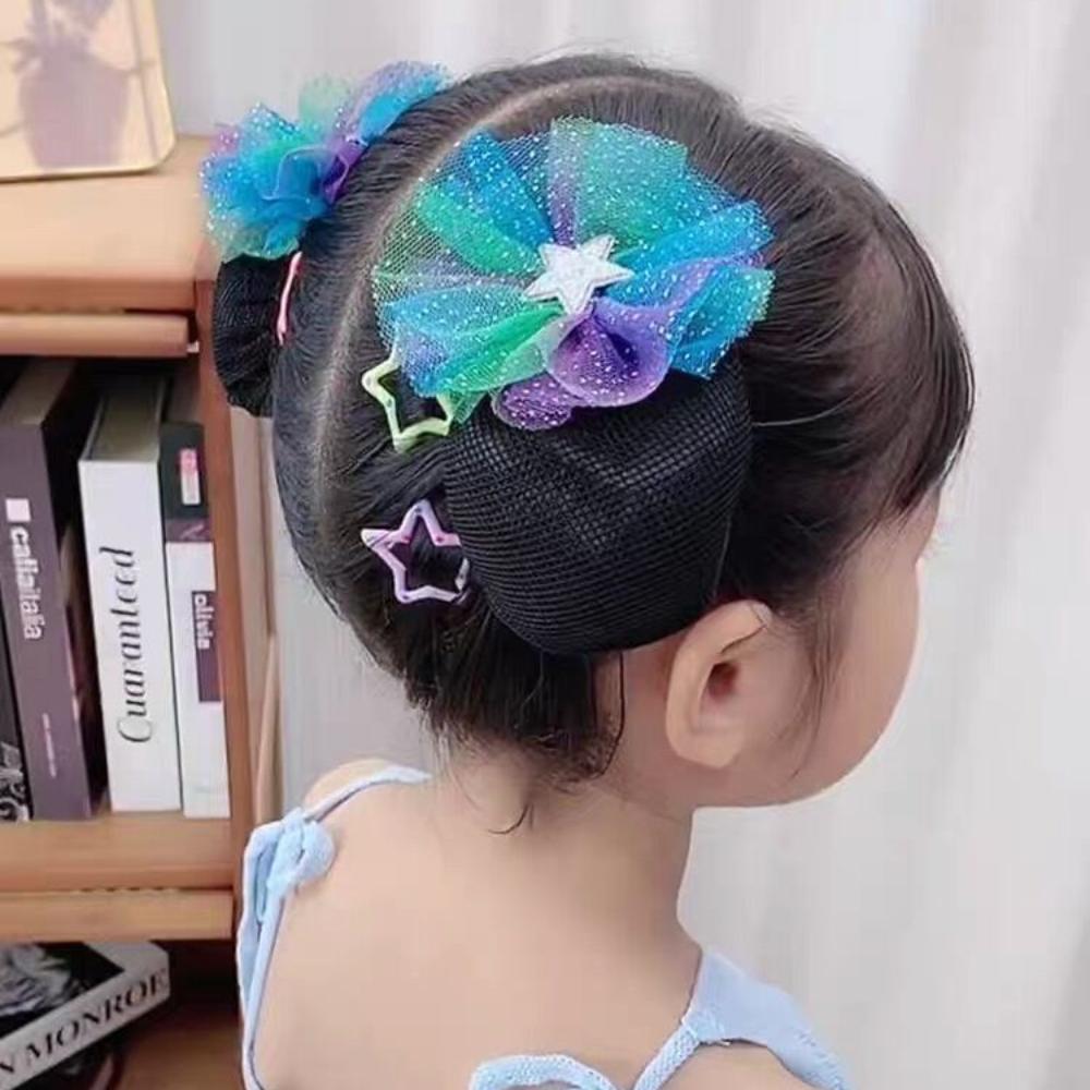 2PCS Fashion Headdress Ballet Hair Net Star Bow Korean Bun Snood Sweet Girls Elastic Hair Net  Kids