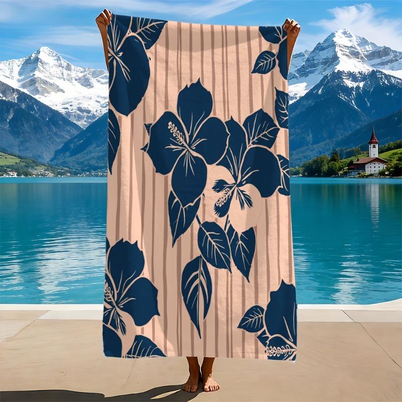 Navy Blue Hibiscus Vertical Stripe Super Absorbent Quick Dry Beach Towel Vintage Tropical Outdoor Swimming Towel