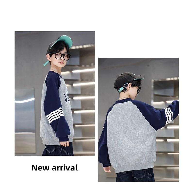 Boys' Fleece Lined Sweatshirt Winter Thick Warm Pullover Kids Contrast Color Raglan Sleeve Top