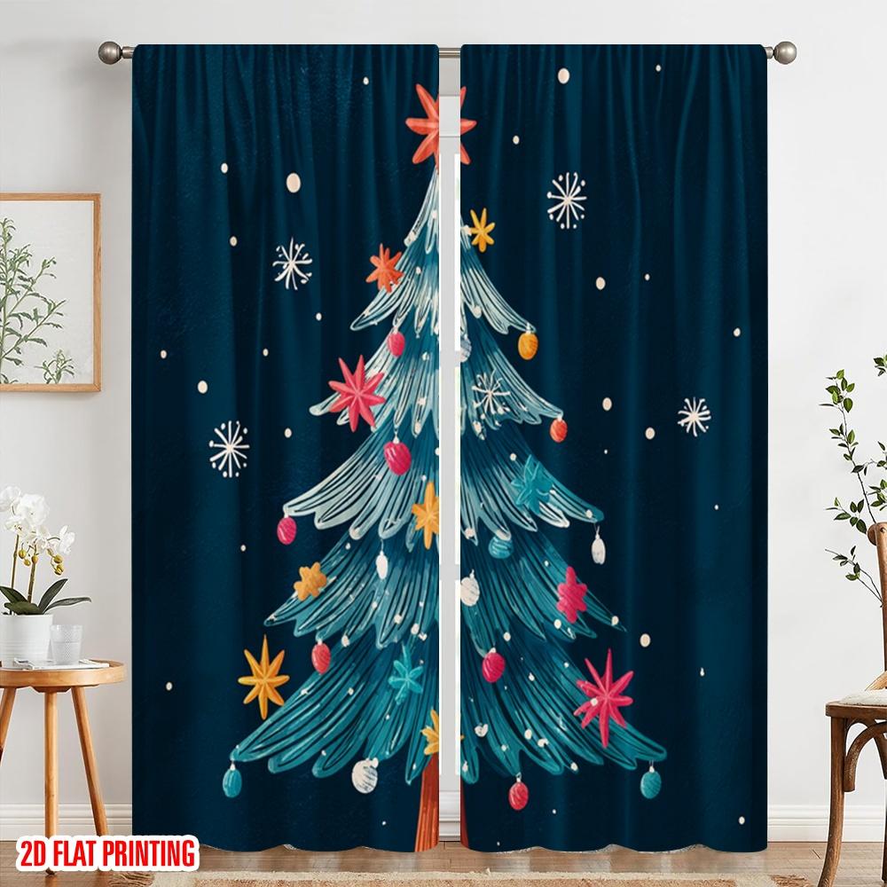 2 Stück, 2D-Flachdruckmuster Vorhänge Lebhafte Schneeflocke & Weihnachtsbaum Vielseitiger Polyesterstoff (ohne Stange) Vielseitig