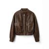 Vintage Distressed PU Leather Jacket Zip-Up Stand Collar Pockets Elastic Cuffs Hem Streetwear Womens Slim Fit