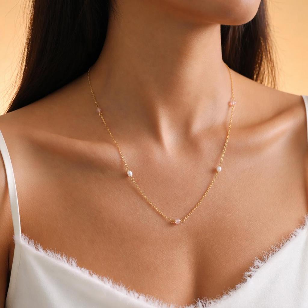 European & American Natural Stone Freshwater Pearl Clavicle Chain - Elegant Titanium Steel Fashion Design