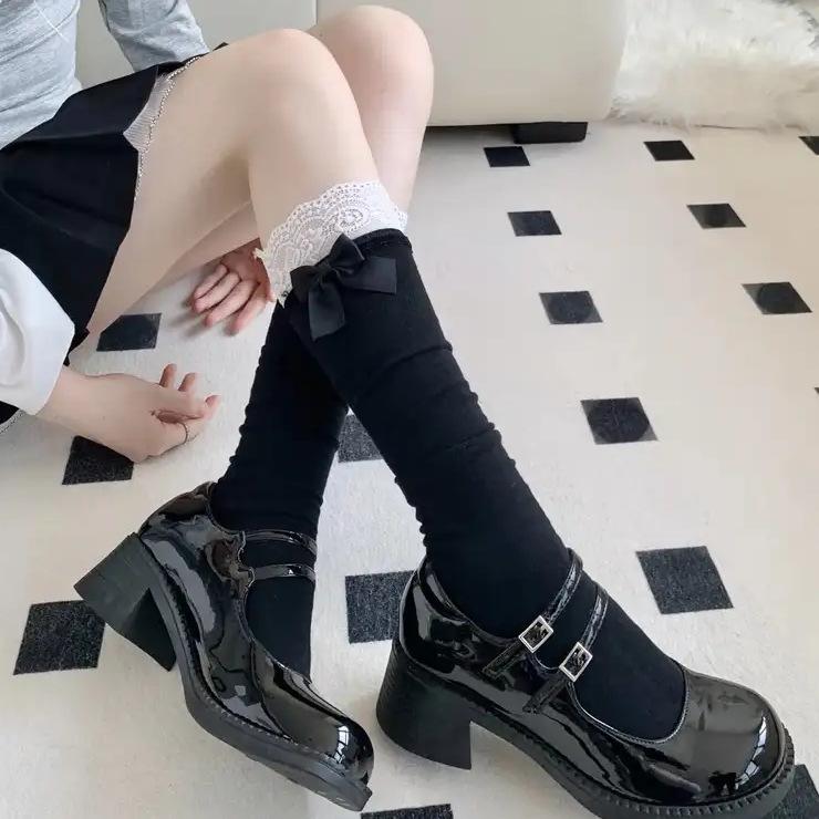 Lolita Lace Frill Mid-Calf Socks with Bow Ribbon - White Ballet Style JK Knee-Highs for Spring & Autumn