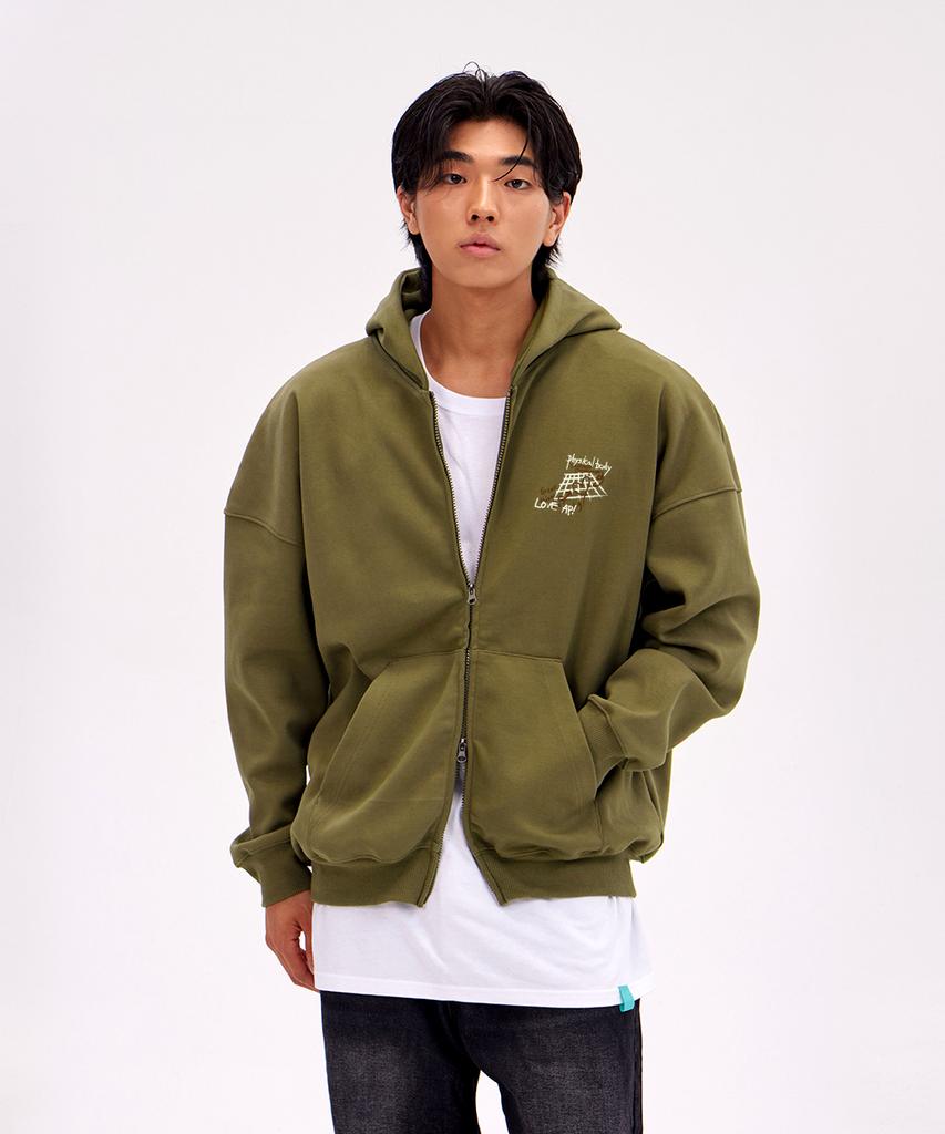 Astral Projection Graffiti Oversized Wide Shoulder Zip-Up Hoodie_Green Brown