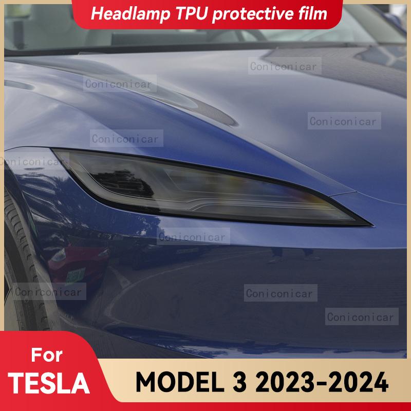 For TESLA Model 3 2023 2024 Car Headlight Smoked Black TPU Protective Film Front Light Tint Change Color Sticker Accessories