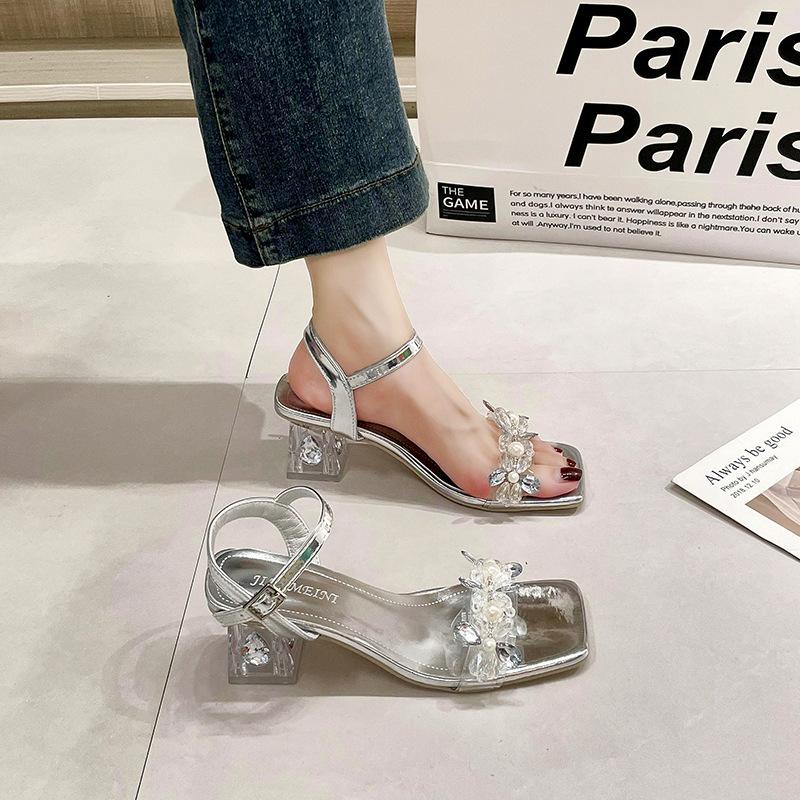 

Женские сандалии на французском хрустальном каблуке, сандалии с квадратным носком и стразами, сандалии на высоком каблуке, сказочный стиль, модные женские сандалии 40