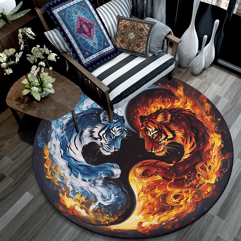Yin Yang Tiger Round Area Rug,Carpet Rug for Living Room Bedroom Sofa Playroom Decor,Non-slip Floor Mat