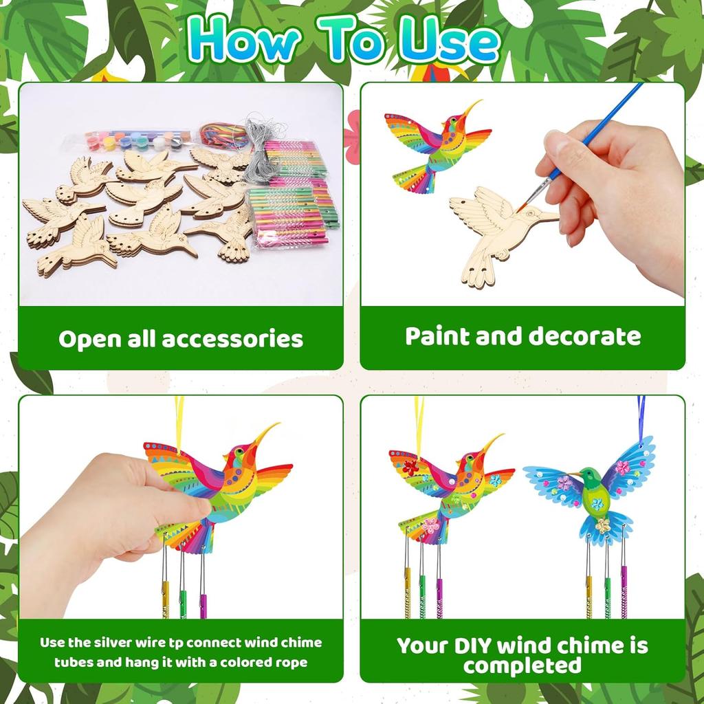 Fennoral 27 Pack Hummingbird Wind Chime Craft Kit for Kids Make Your Own Hummingbird Craft Wooden Ornaments for Girls and Boys DIY Crafts Activity