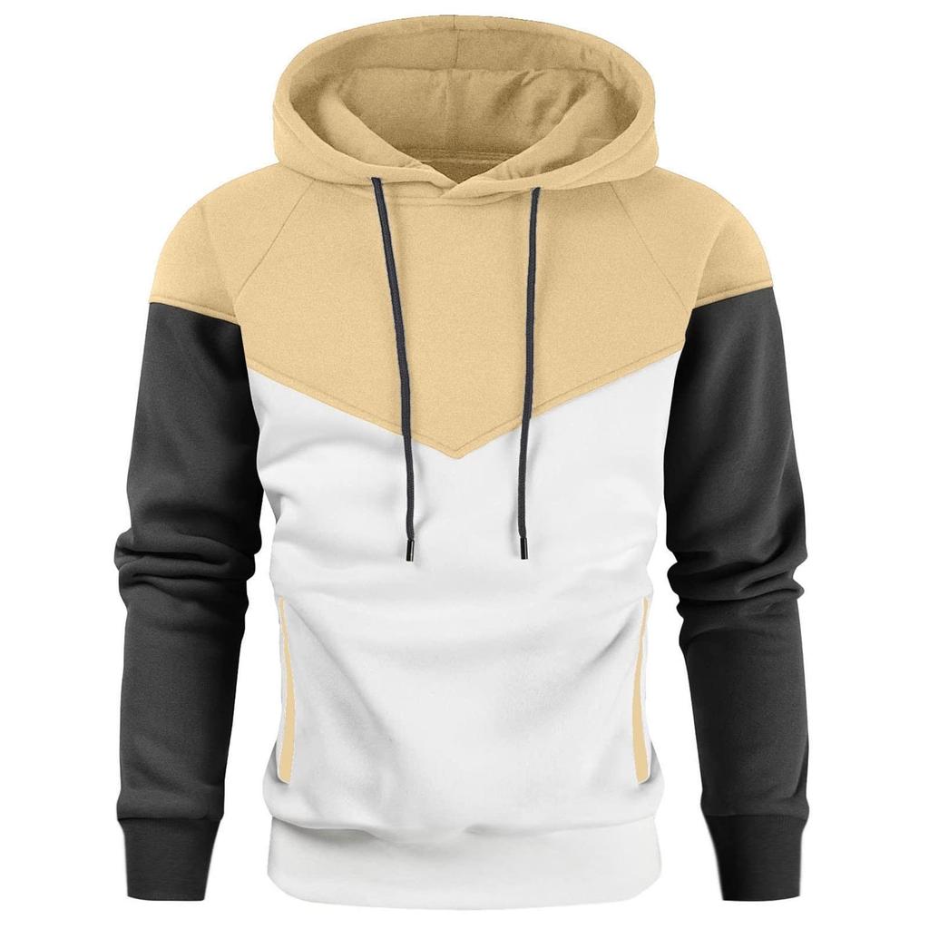 Mens Casual Hoodies Patchwork Drawstring Long Sleeve  Sweatshirt Lightweight Winter Fall Fleece Top With Hood