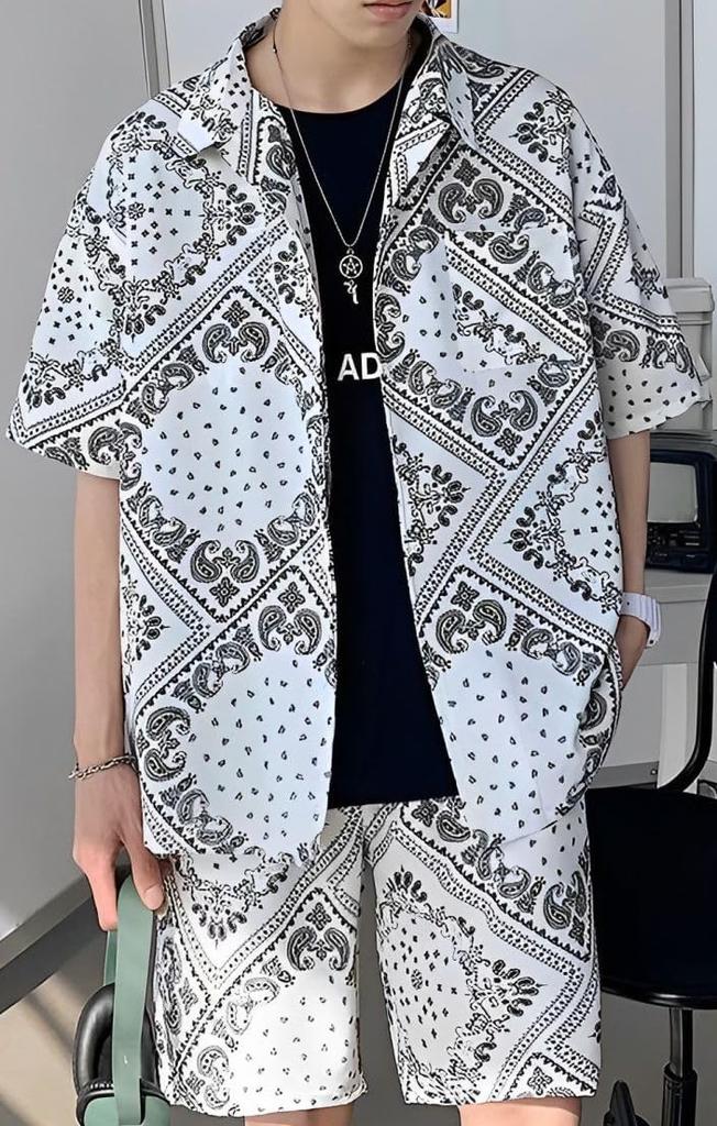 Paisley Pattern Short Sleeve Shorts Top and Bottom Set Street Style Collared Shirt and Shorts Set Short Sleeve Set Setup 2 Piece Set Patterned Shirt