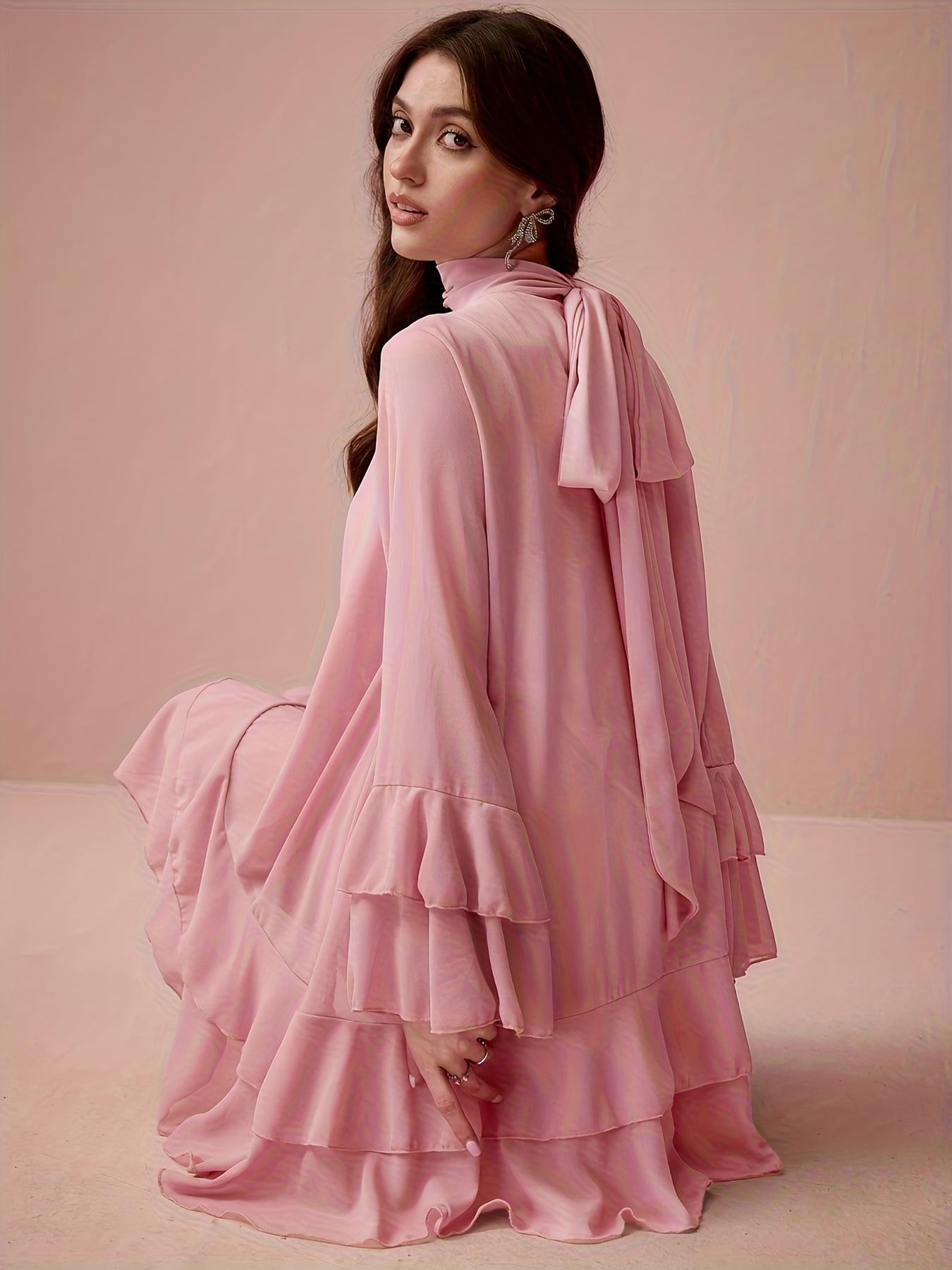 

Burgundy Long Sleeve Bell Sleeve Bow Neck Ruffle Hem Dress XXL рожевий