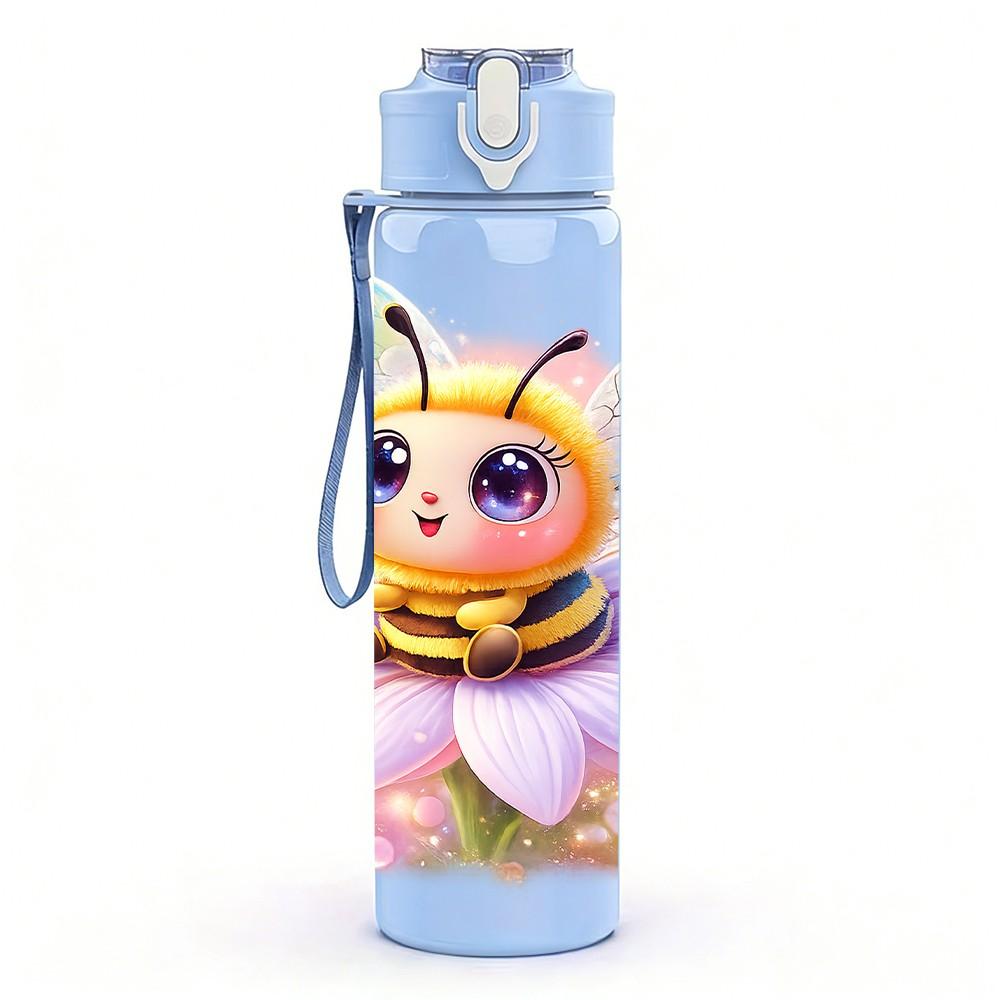 1PC Cute Fairy Bee Cartoon Print 750ml Color Plastic Sports Water Bottle Leakproof Flip Straw Lid Suitable for Sports Office Home Use