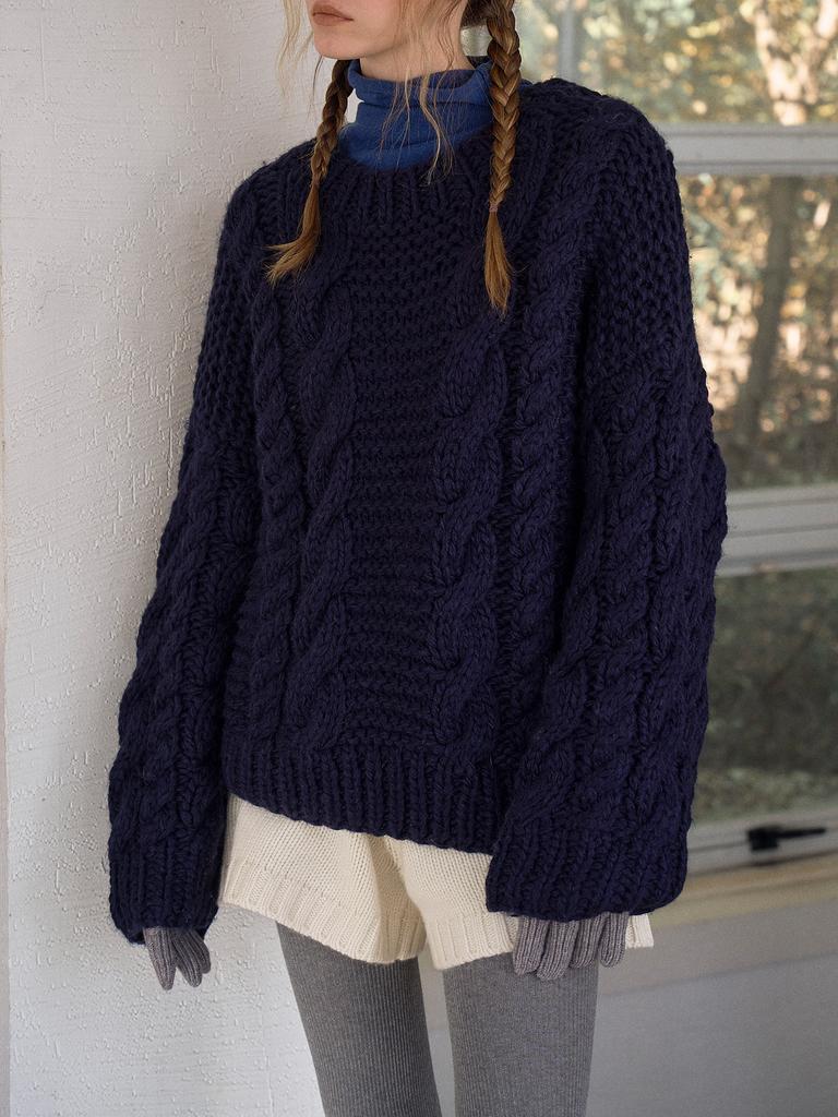 TINKNIT Hand-Knit Chunky Cable Sweater_Navy