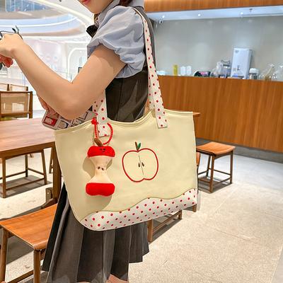 Cute Canvas Bag Women 2025 New Retro Polka Dot Apple Shoulder Bag Casual Large Capacity Portable Tote Bag Tide