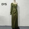 Abendkleid für Damen, eine Schulter, einzelne offene Ärmel, geteilter Saum, einfarbig, schmale Taille, plissiertes Knotendekor, einfarbig, Abschlussball, Cocktailparty, Maxikleid