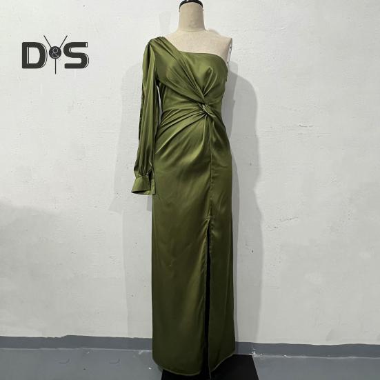 Dámské večerní šaty s jedním ramenem, s jedním otevřeným rukávem, rozděleným lemem, jednobarevný, tenký pas, plisovaný uzel, dekor, jednobarevný, ples, koktejl, párty, maxi šaty