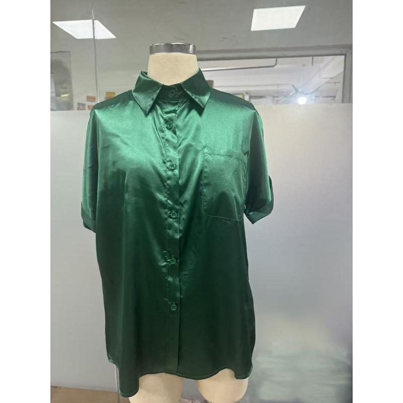 Summer Color Ding V-neck Shirt Women's Solid Color Satin Short Sleeve Casual Button Shirt Blouses & Shirts