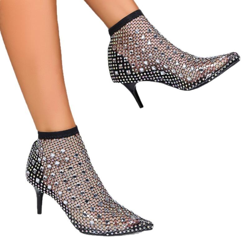 New Rhinestone Mesh Sexy High Heeled Sandals for Women 2025 Summer Openwork Fashion Big Size Pointed Toe Sandals