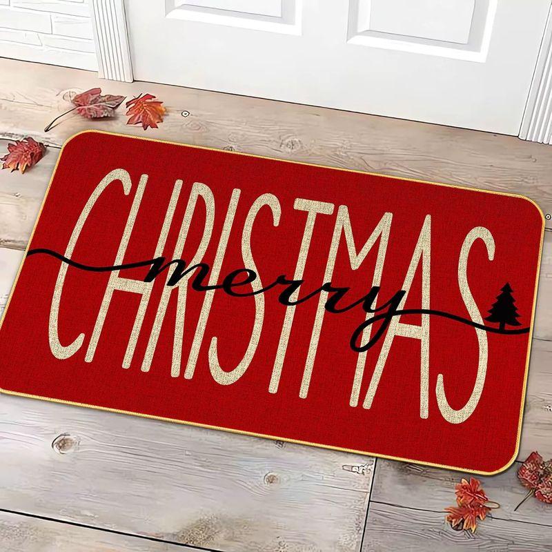 Red Merry Holiday Colorful Evergreens Snow Crystal Entry Rug Festive Greeting Floor Mat Skid Resistant Room Decor Soft