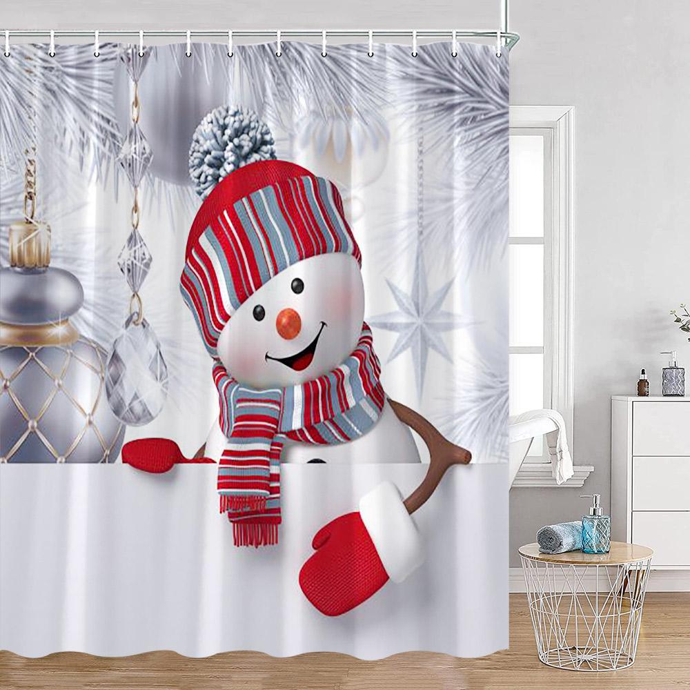 Christmas Snowman Happy New Year Shower Curtain Merry Christmas Winter Snowy Snowflake Pine Bathtub Decor Polyester Bath Curtain