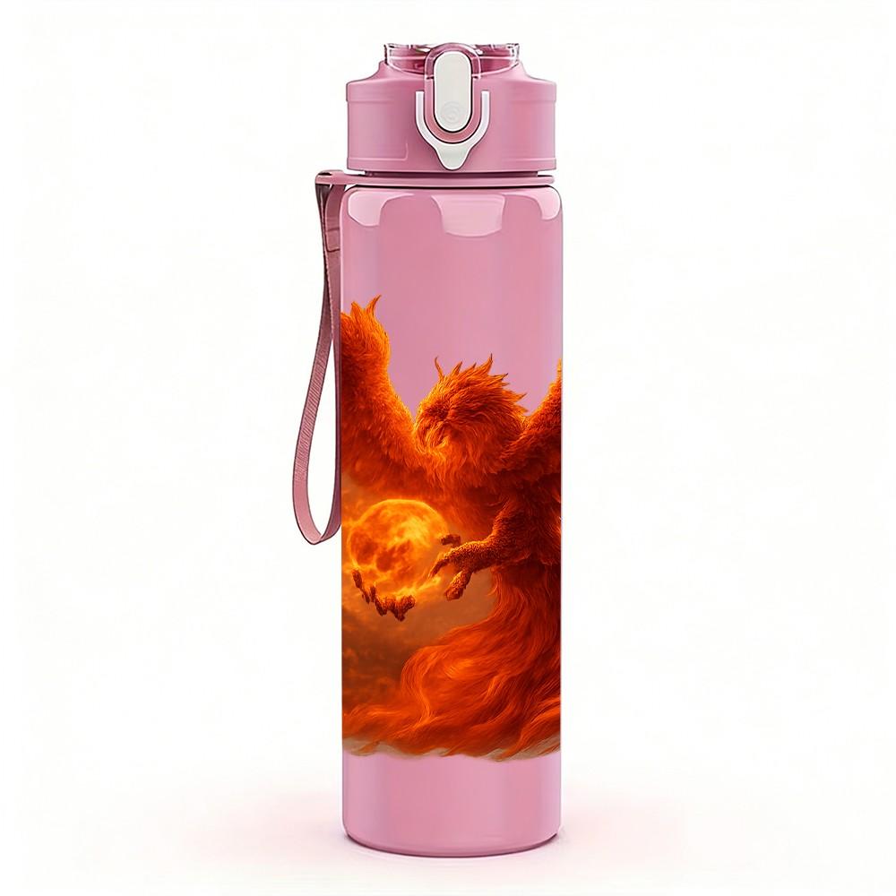 1PC Orange Red Phoenix Bird Wing Print 750ml Color Plastic Sports Water Bottle Leakproof Flip Straw Lid Suitable for Sports Office Home Use