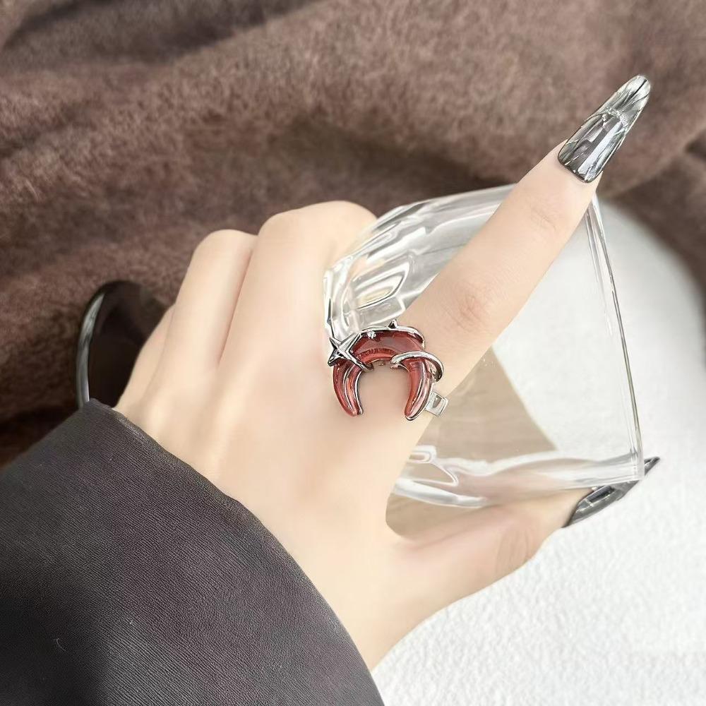 Personality Fashion Red Crescent-shaped Star Celestial Body Opening Adjustable Rings for Men Women Hip-hop Punk Finger Jewelry