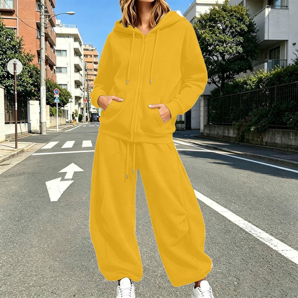 Unisex Lockere Passform Reißverschluss Hoodie mit und Weiter Bein Jogginghose 2-teiliges Trainingsanzug Set Farbe Sportbekleidung