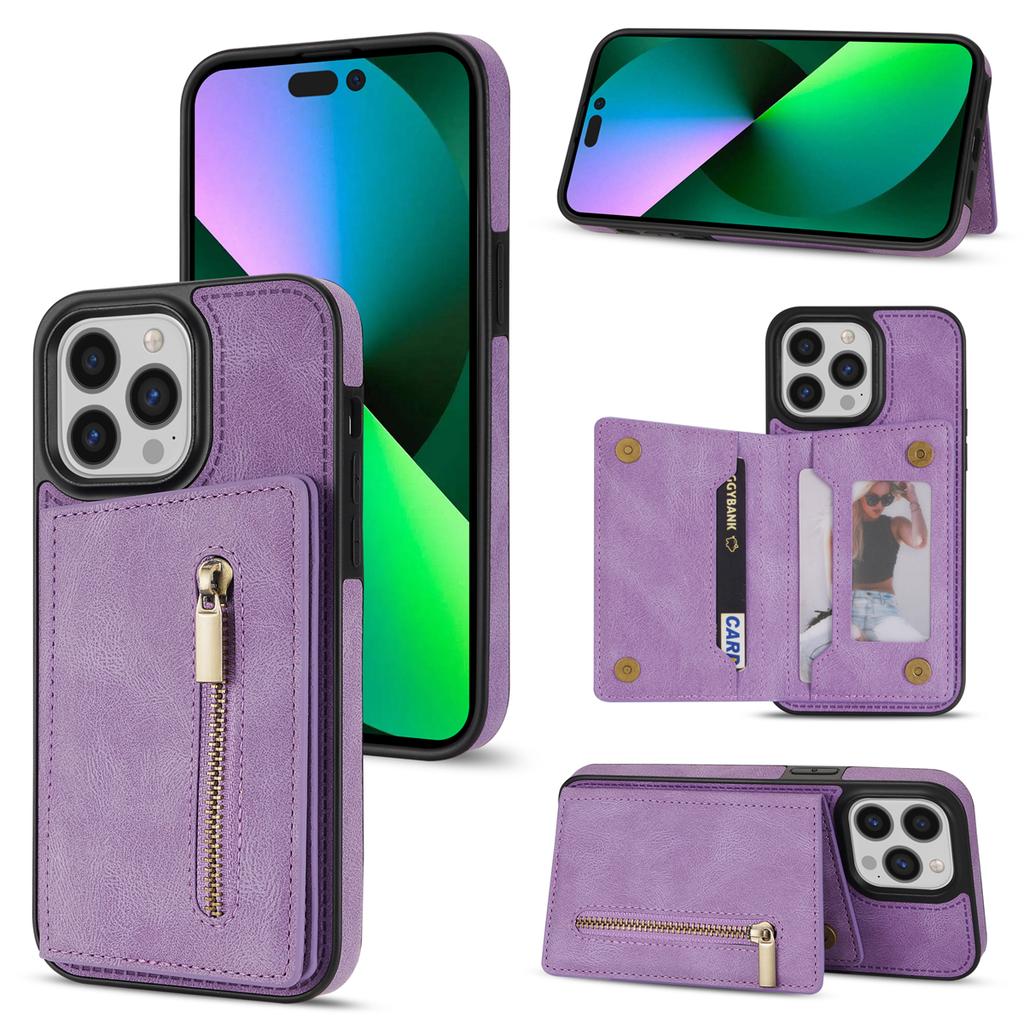 For iPhone 16 Pro Case Zipper Pocket Wallet Kickstand Phone Guard Cover
