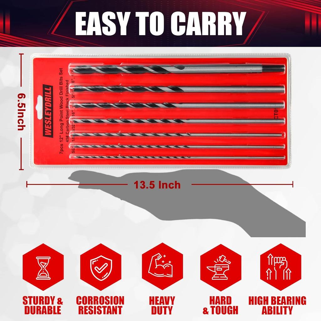 7 Pcs Extra Long Brad Point Drill Bit Set,12" 300mm Carbon Steel Wood Drill Bits Set,Fit for Bench Hand and Conventional Electric Drill