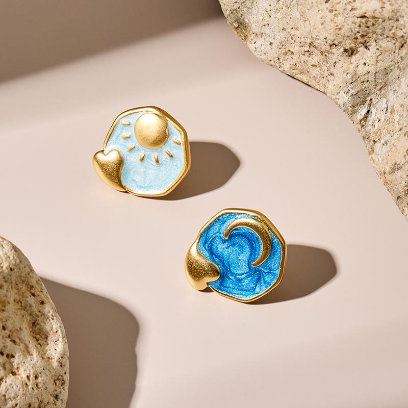 

Korean-Style Gradient Enamel Starry Sky Sun & Moon 925 Silver Stud Earrings