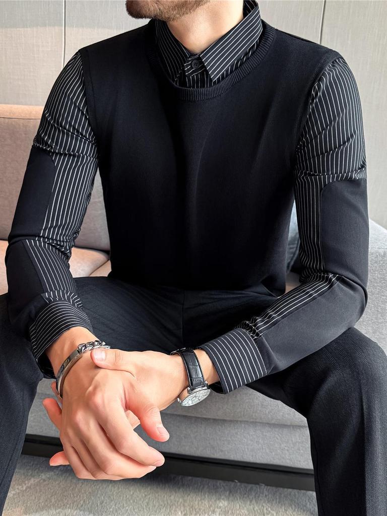 2025 Men's Winter Plus Velvet Warm Sweater Slim Fit Business Trendy Two-Piece Layer Shirt