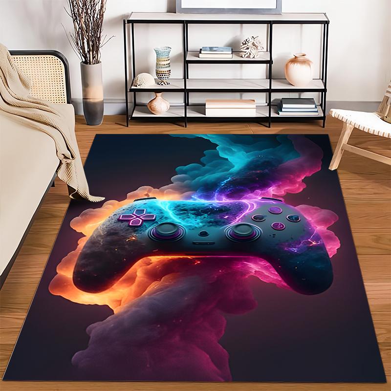 Gaming Controller Design Rug with Neon Colors and Abstract Smoke Pattern Suitable for use as an anti-slip for living room bedroom sofas