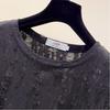 Women's Summer New Style Loose Slim Sequins Ripped Loose Short-sleeved T-shirt Fat Mm Half-sleeved Front Shoulder Top