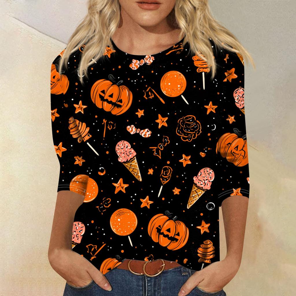 Damenmode Lässig Rundhals Dreiviertelarm Halloween Bedrucktes T-Shirt Top