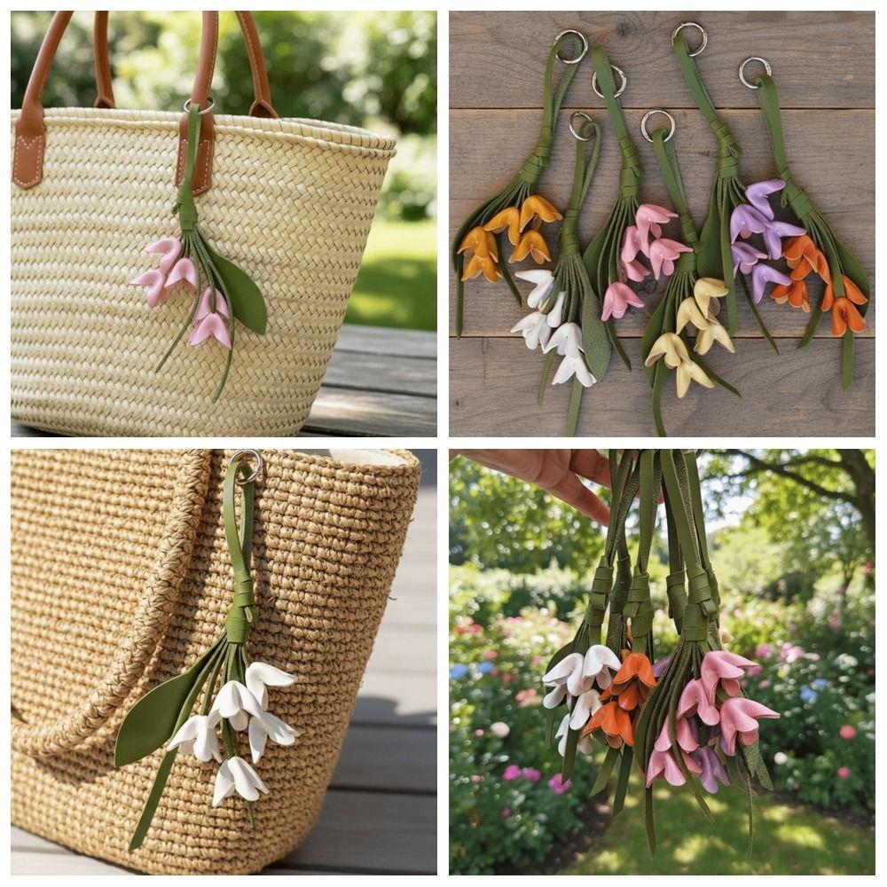 Handmade Flower Pu Keychain Hanger Bag Pendant Lovely Tulip Bouquet Leather Pendant  Women