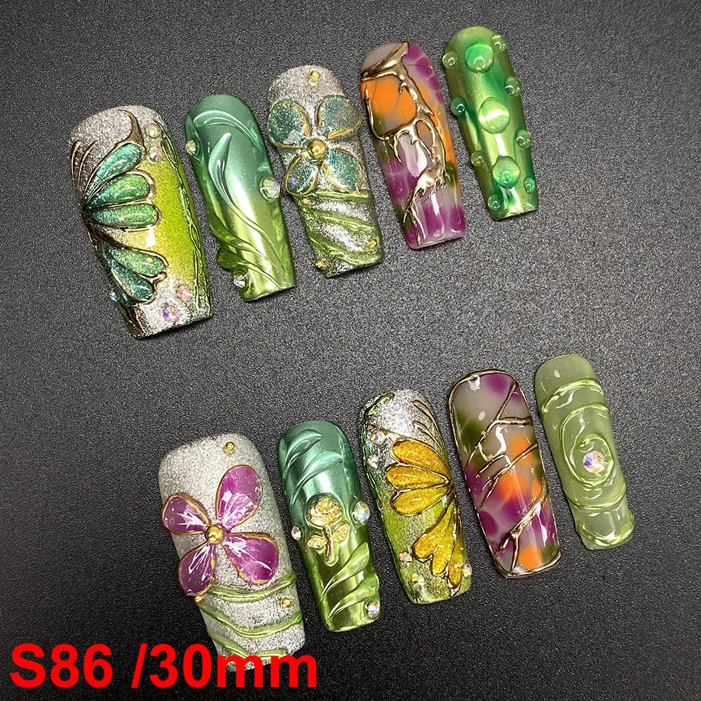 Glossy Hand Paint Thickness Acrylic Handmade Nail Sets 10PCS Multicolor Luxurious Gorgeous UV Gel Carved Artificial Manicure Art