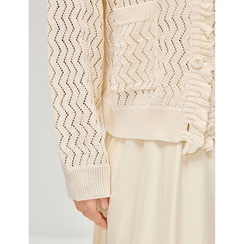 INMAN Women's Resort Ruffle V-Neck Cutout Knit Cardigan