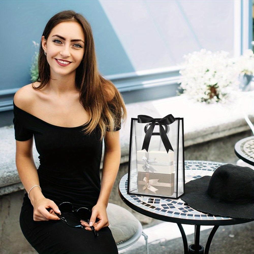 8pcs Transparent Gift Bags with Die-Cut Handles Reusable PVC Plastic Bags with Black Ribbon for Weddings Birthdays Graduations Gifts Self-tying Ribbon