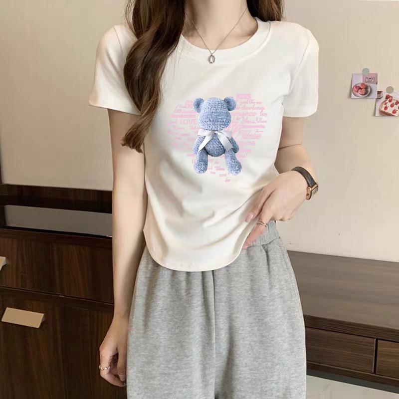 

Loose T-shirt 2025 new pure cotton gray short-sleeved women s summer high-end super good-looking bear top love design M