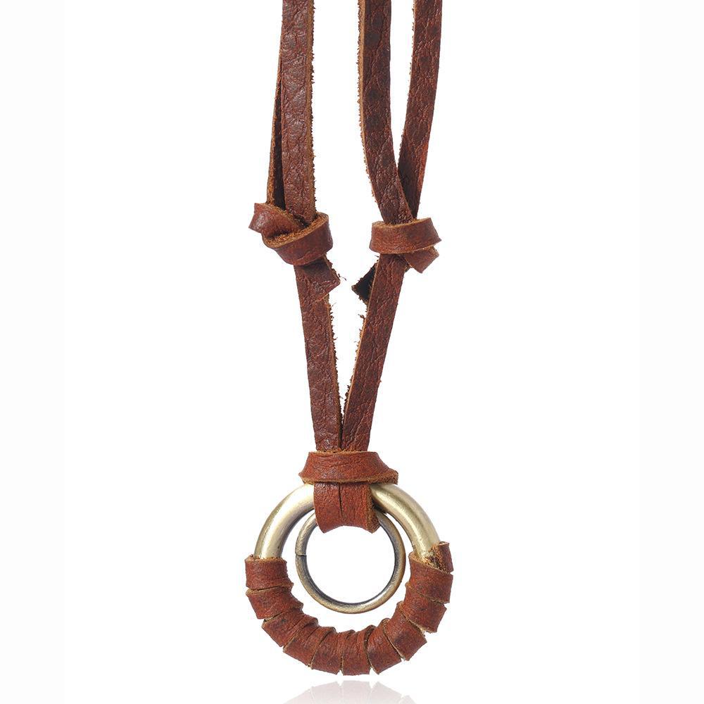 

Ожерелье из коровьей кожи с подвеской в виде двойного круга в стиле ретро - модный аксессуар в европейском и американском стиле для осени и зимы коричневый