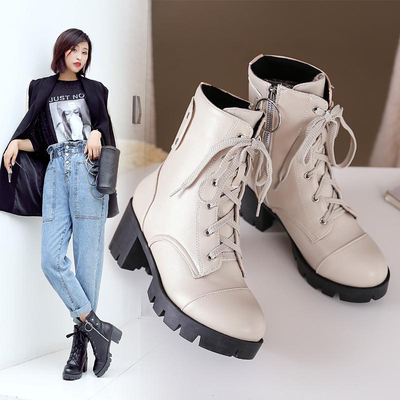 New European and American Autumn and Winter Women's Boots Retro Lace-up Roman Boots Short Martin Boots Thick High-heeled Shoe Size