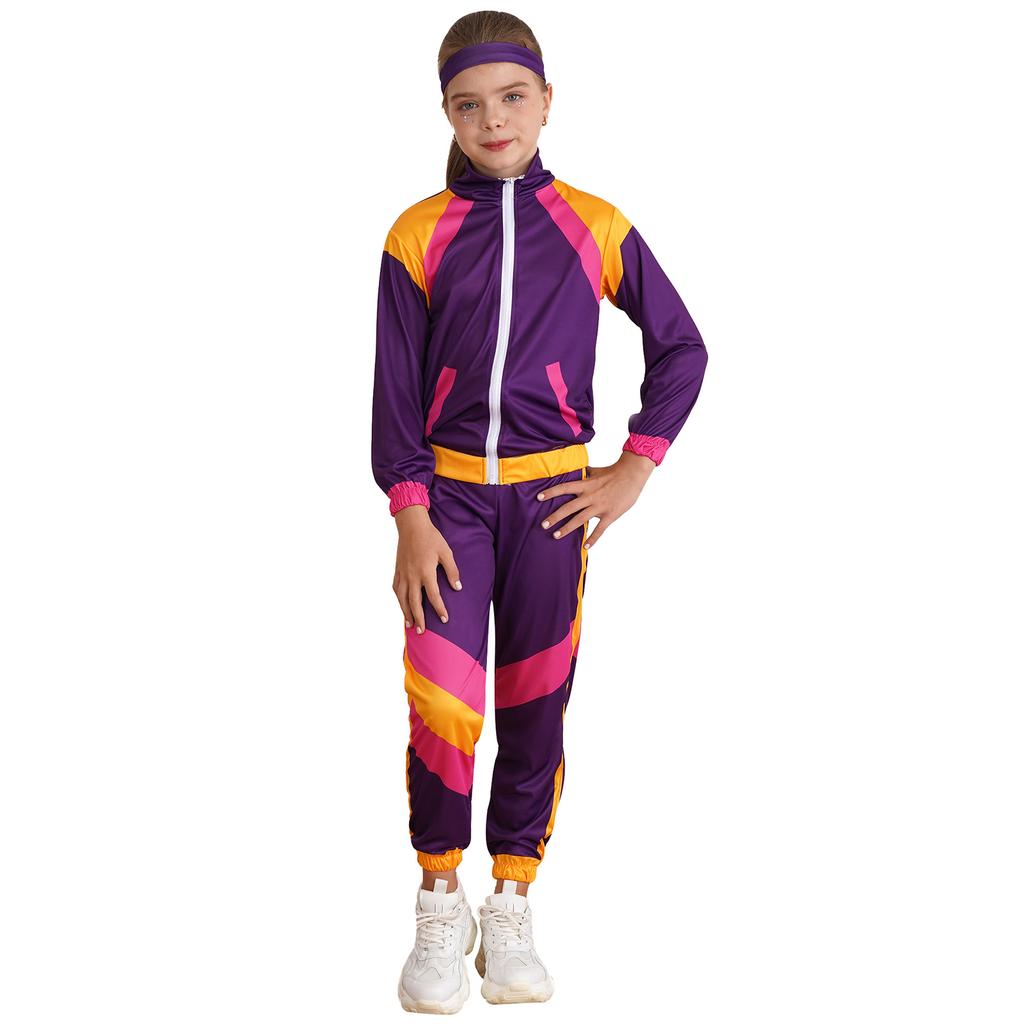 Dětský kostým 80. léta Retro Disco Colorblock Top Kalhoty Čelenka Set Hip Hop Tanec