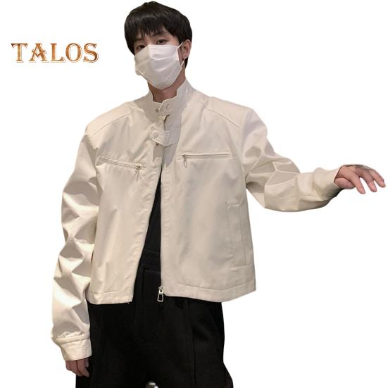 Men Jacket Coat Full Zipper Closure Solid Color Two Side Pockets Short Jacket Stand Collar Long Sleeve Jacket Streetwear