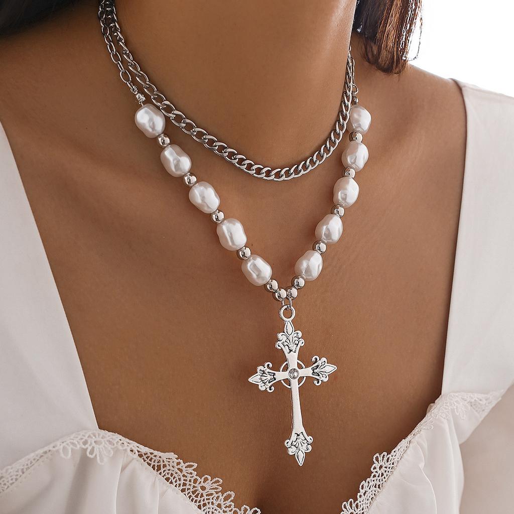 Punk Style Cross Necklace Dark Exaggerated Slightly Inlaid Imitation Pearl Multi-layer Stacking Jewelry