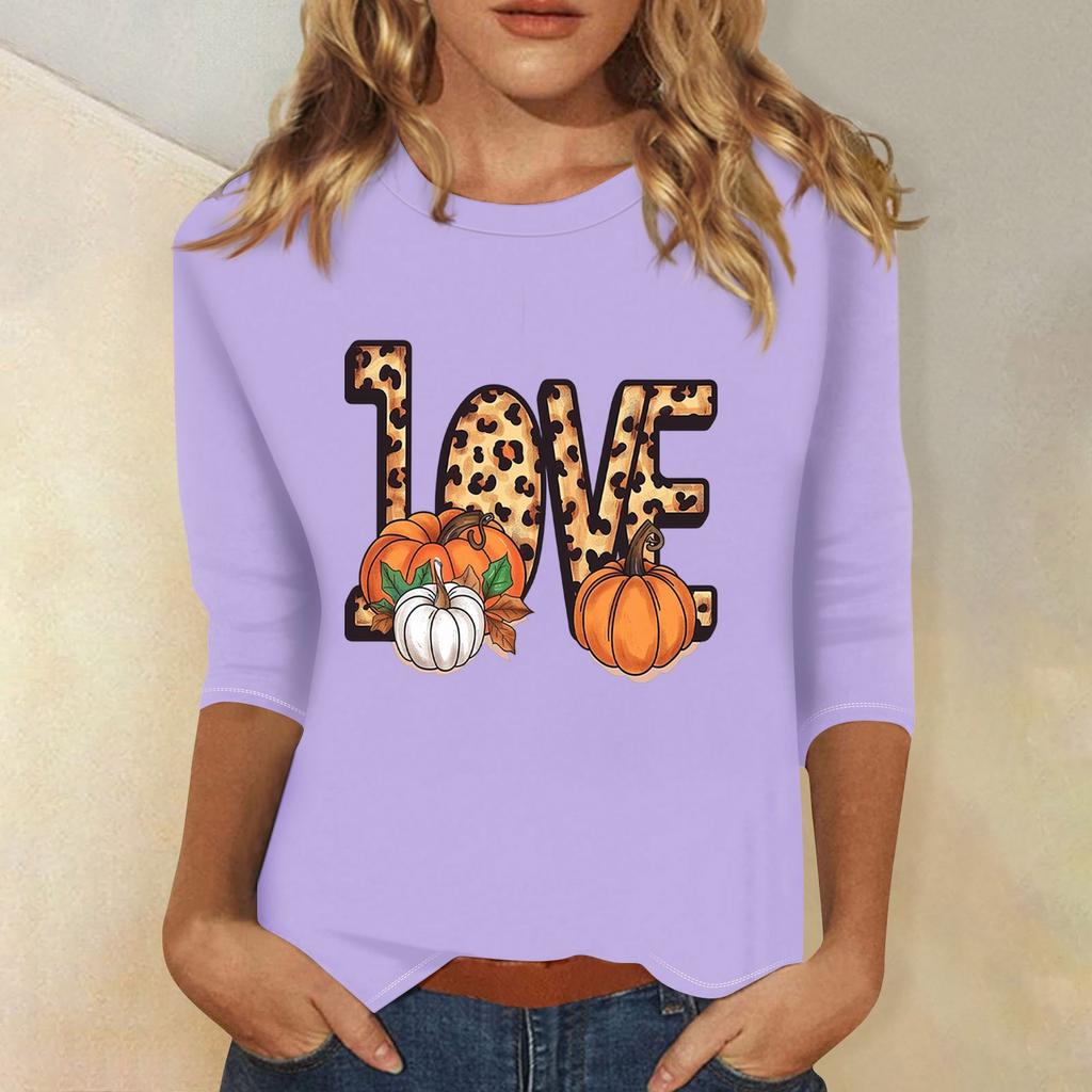 Dámské módní ležérní top s tříčtvrtečním rukávem a halloweenským potiskem, kulatý výstřih