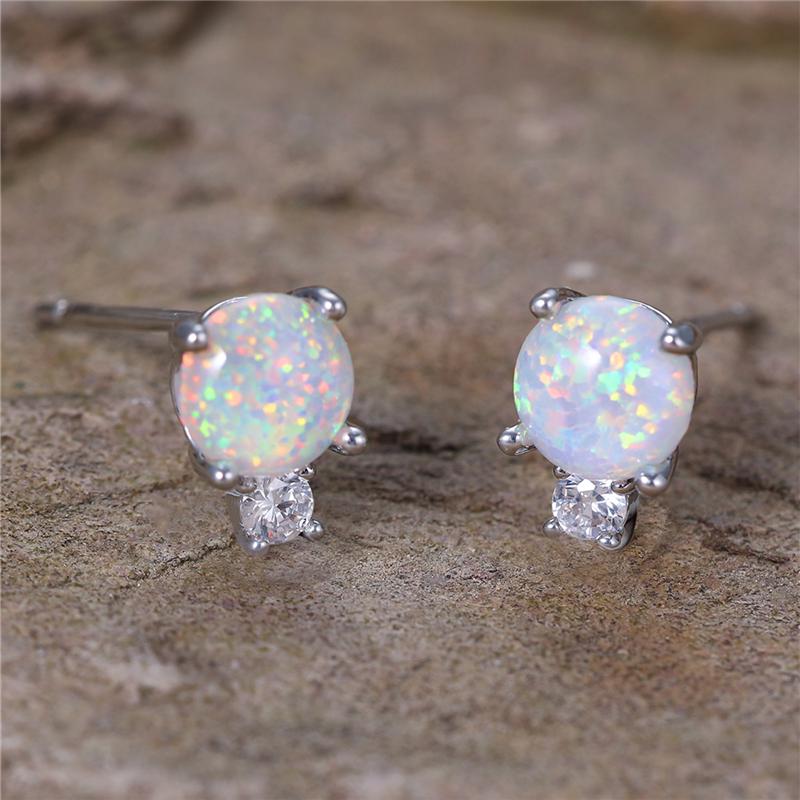 White Fire Opal Cute Blue Crystal Round Stone Earrings For Women Trendy Silver Color Wedding Jewelry Accessory