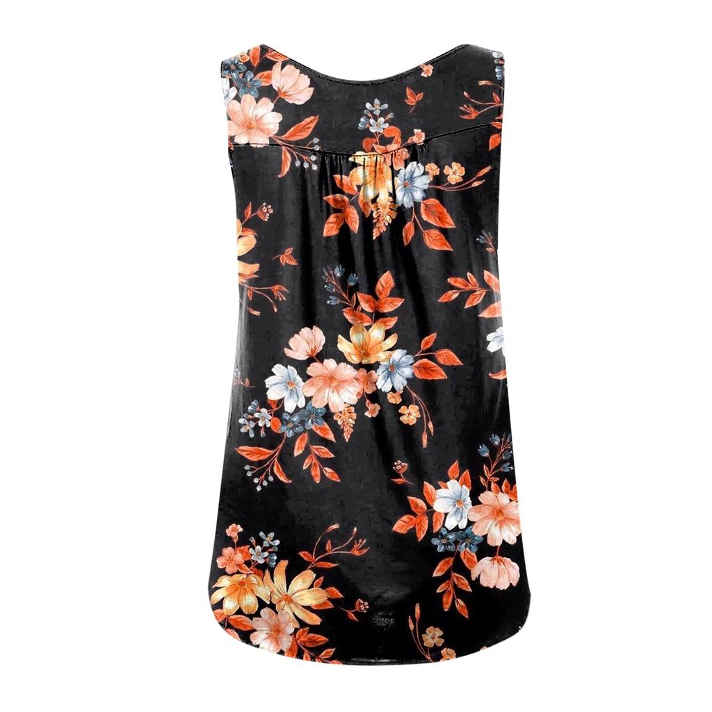 Women's Fashion Floral Printing Pleated Sleeveless Casual T-shirt Vest Button Top