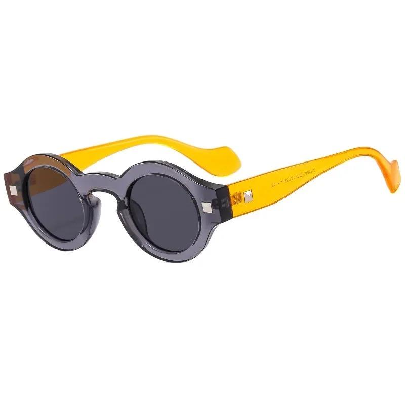 Vintage Small Round Sunglasses Women Men Metal Hinge Grey Transparent Shades Outdoor Eyewear Retro Rivet Glasses