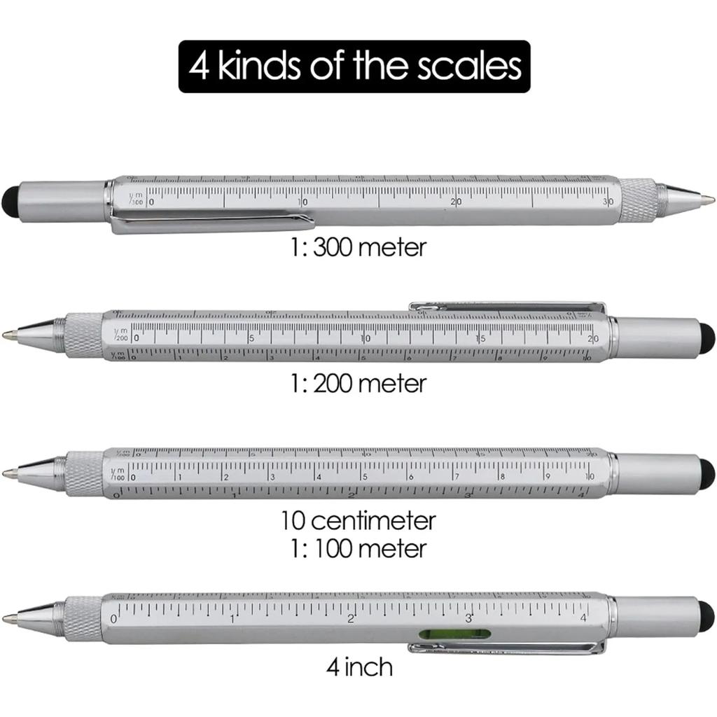 Gifts Multi Tech Tool Pen 6 In 1 Stylus Pen - Screwdriver Pen With Ruler, Levelgauge, Ballpoint Pen Black Ink (silver)